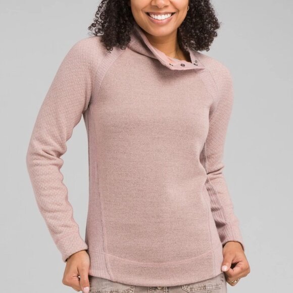 prAna Brandie Sweater Textured Wool Blend Mock Neck Light Mauve Heather Sz S - Picture 1 of 13